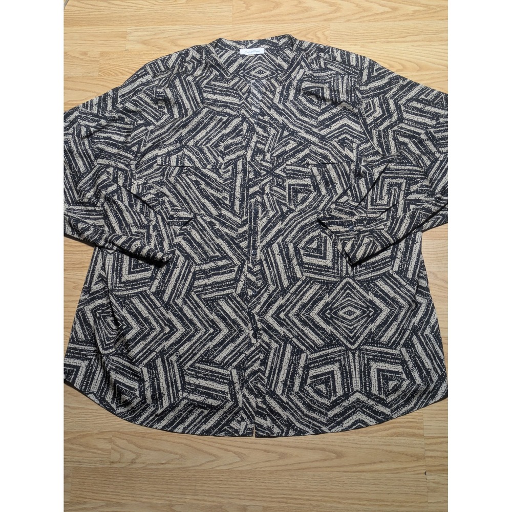 Calvin Klein Womens Geometric Abstract Print Button Up Blouse Black Tan 3X